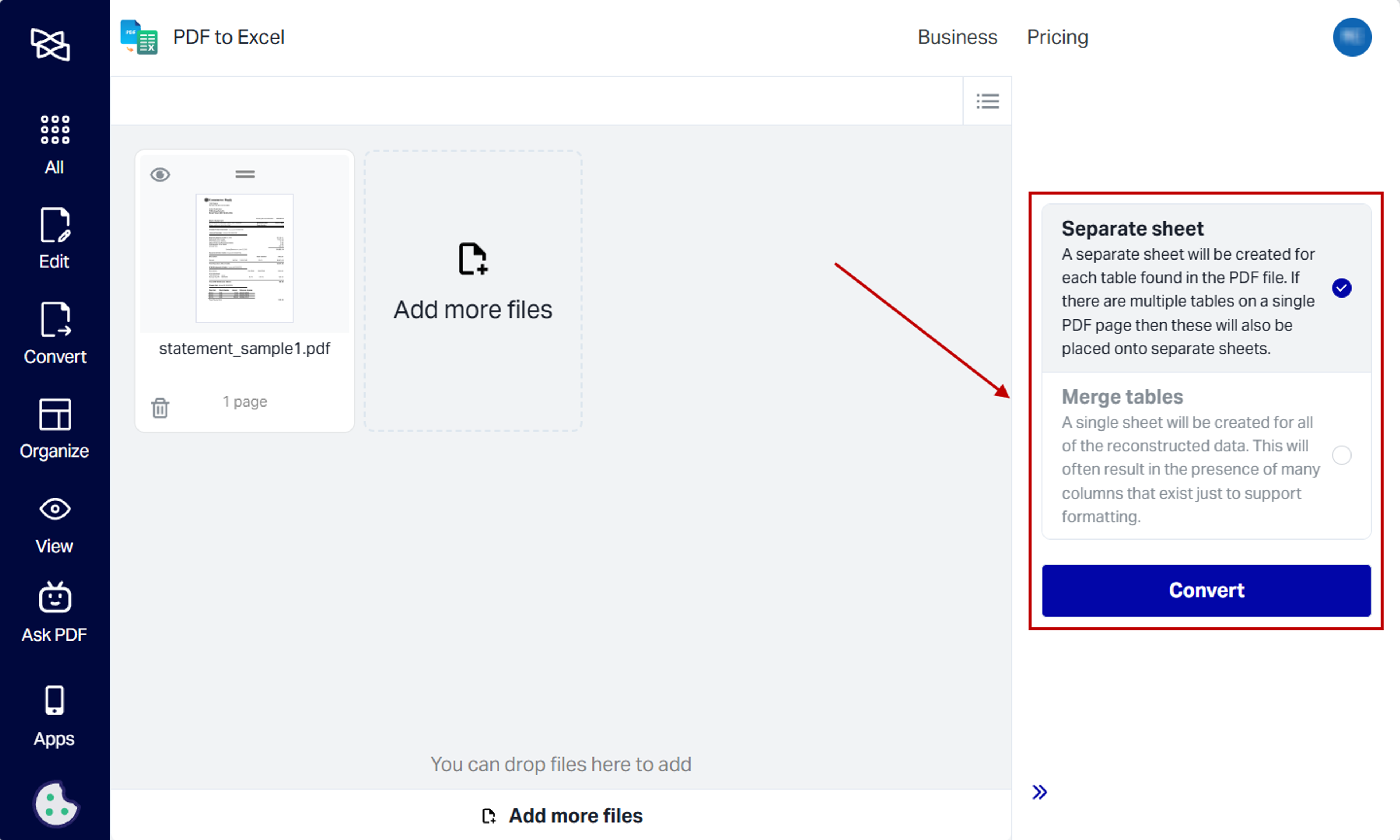 Steps to convert a bank statement into MS Excel using Xodo's online converter