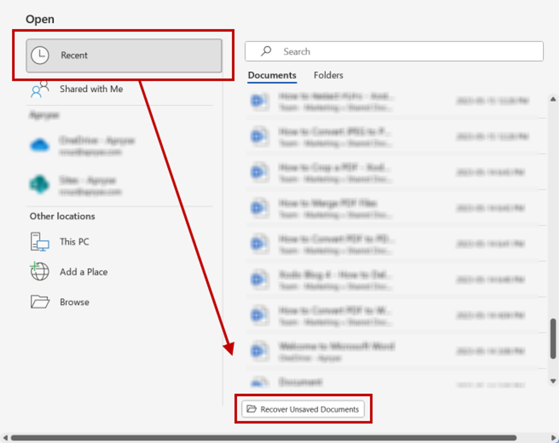 Recover Unsaved Documents option in MS Word 