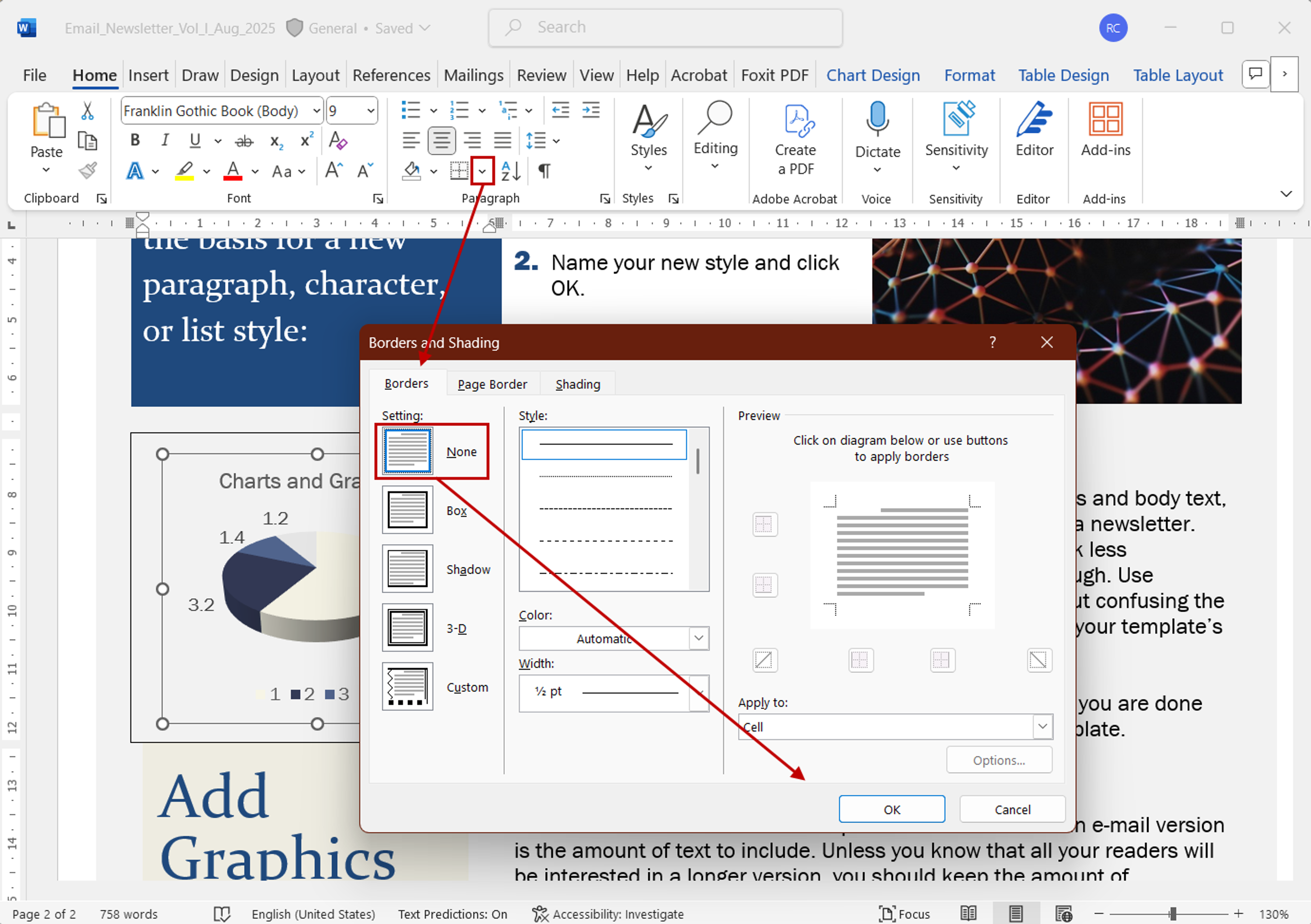 Steps to remove a box from Microsoft Word using Border settings