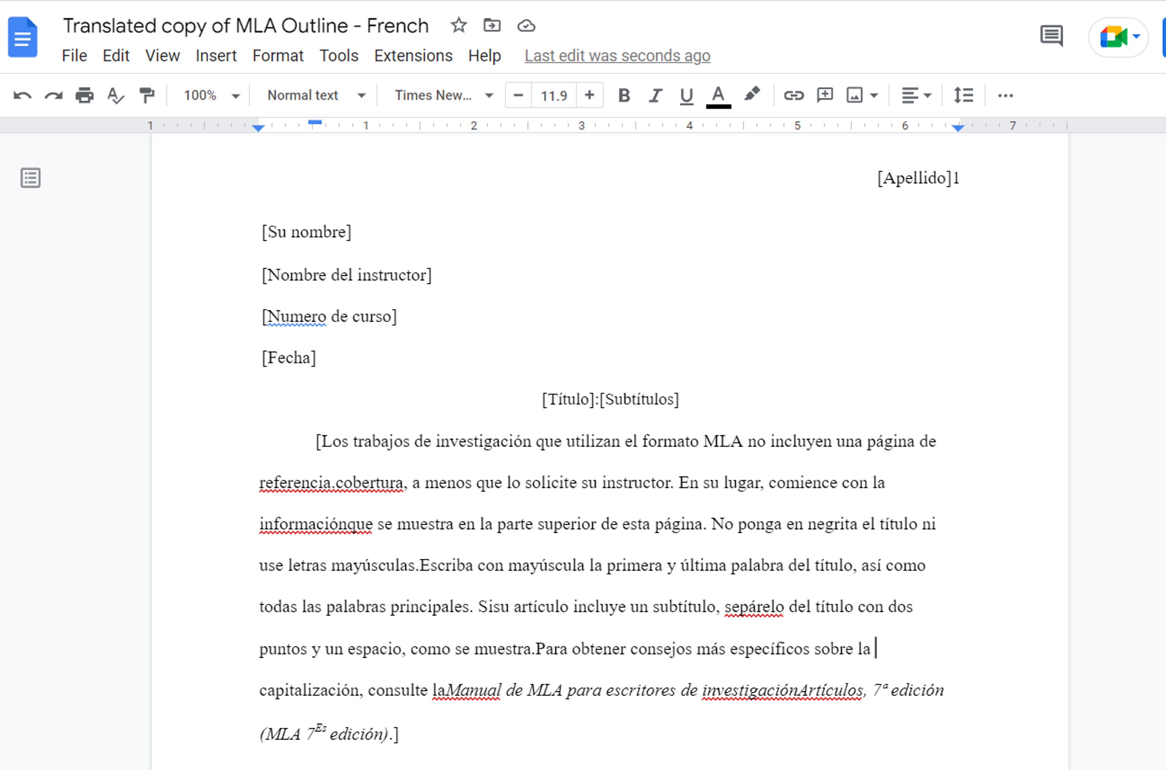 French text in Google Doc translated into Spanish