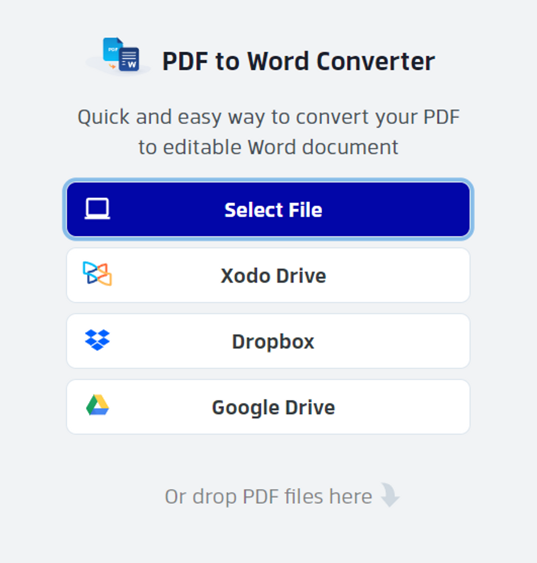 Uploading file options for Xodo’s online PDF to Word converter