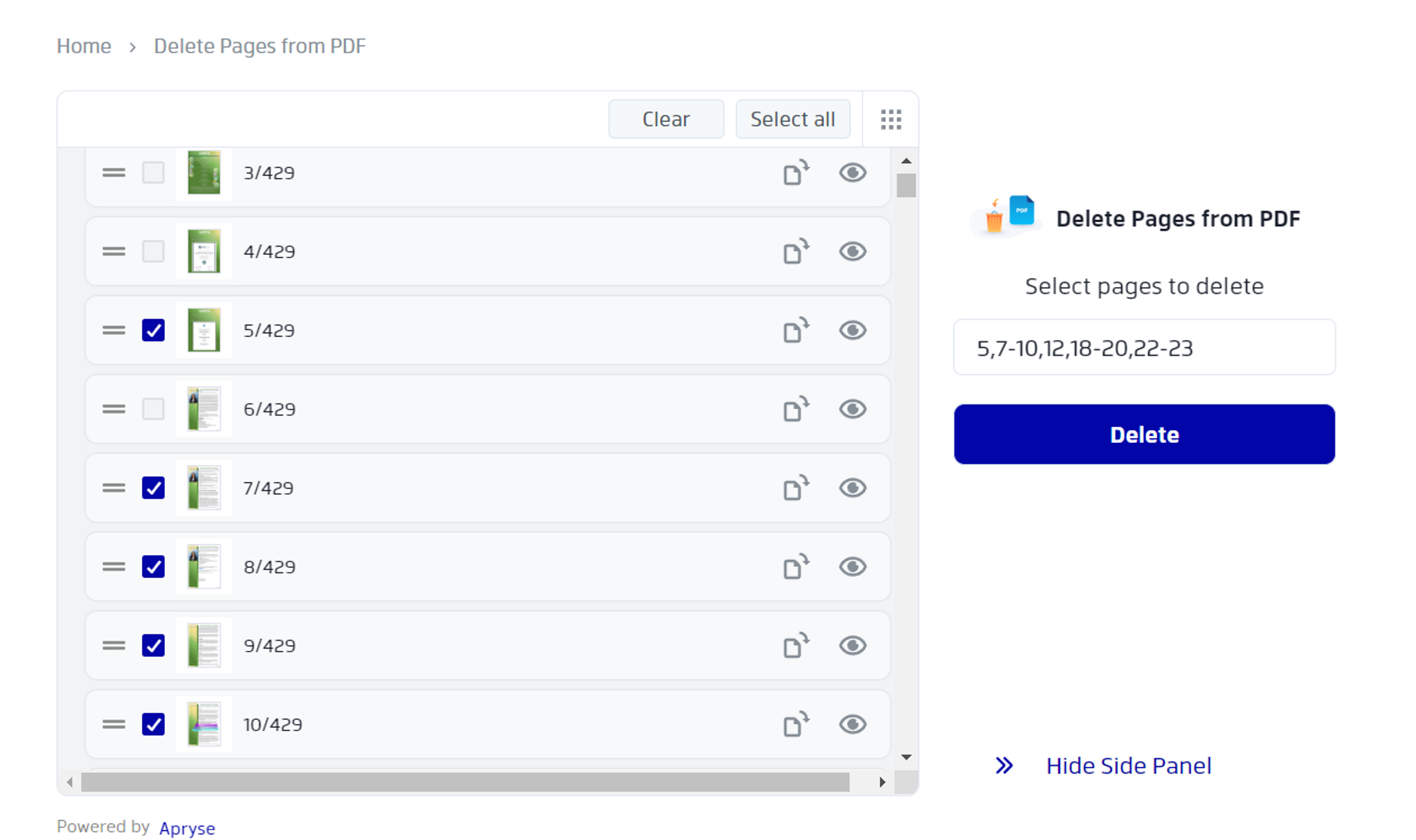 Selecting PDF pages with Xodo’s online Delete Pages from PDF tool