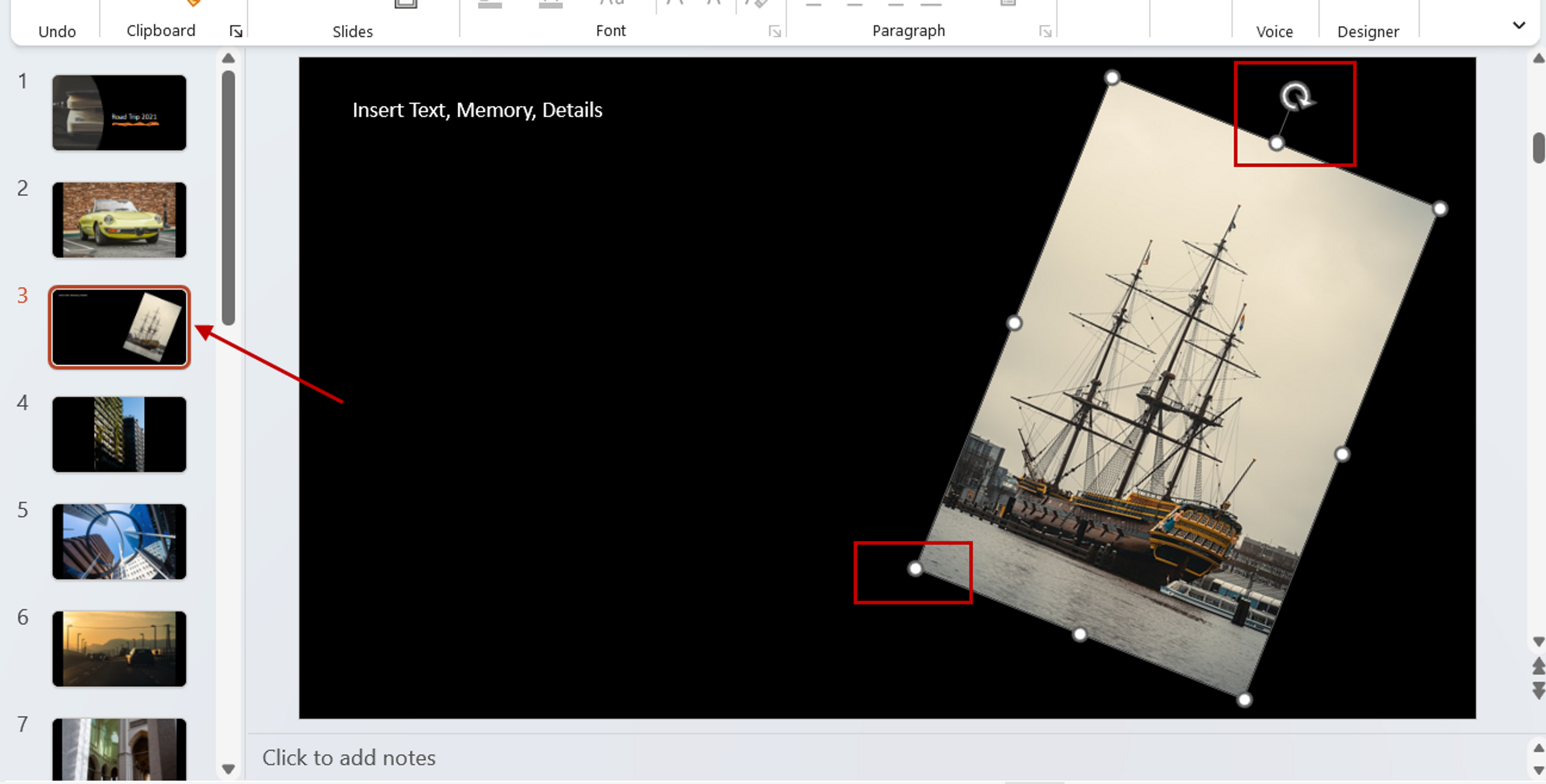 Steps for adjusting the orientation of a picture in a PowerPoint photo album 