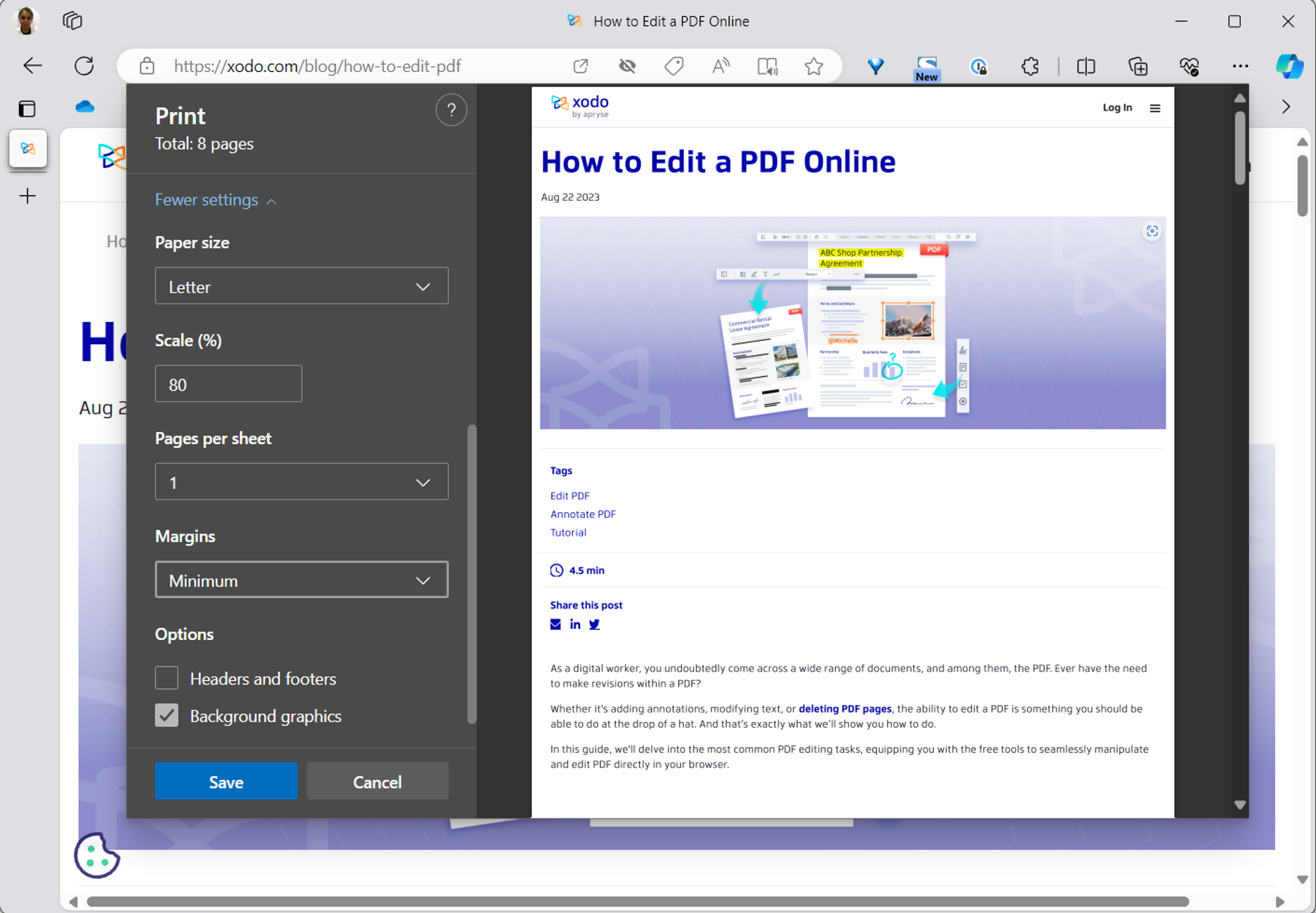 Saving a webpage as a PDF with Microsoft Edge