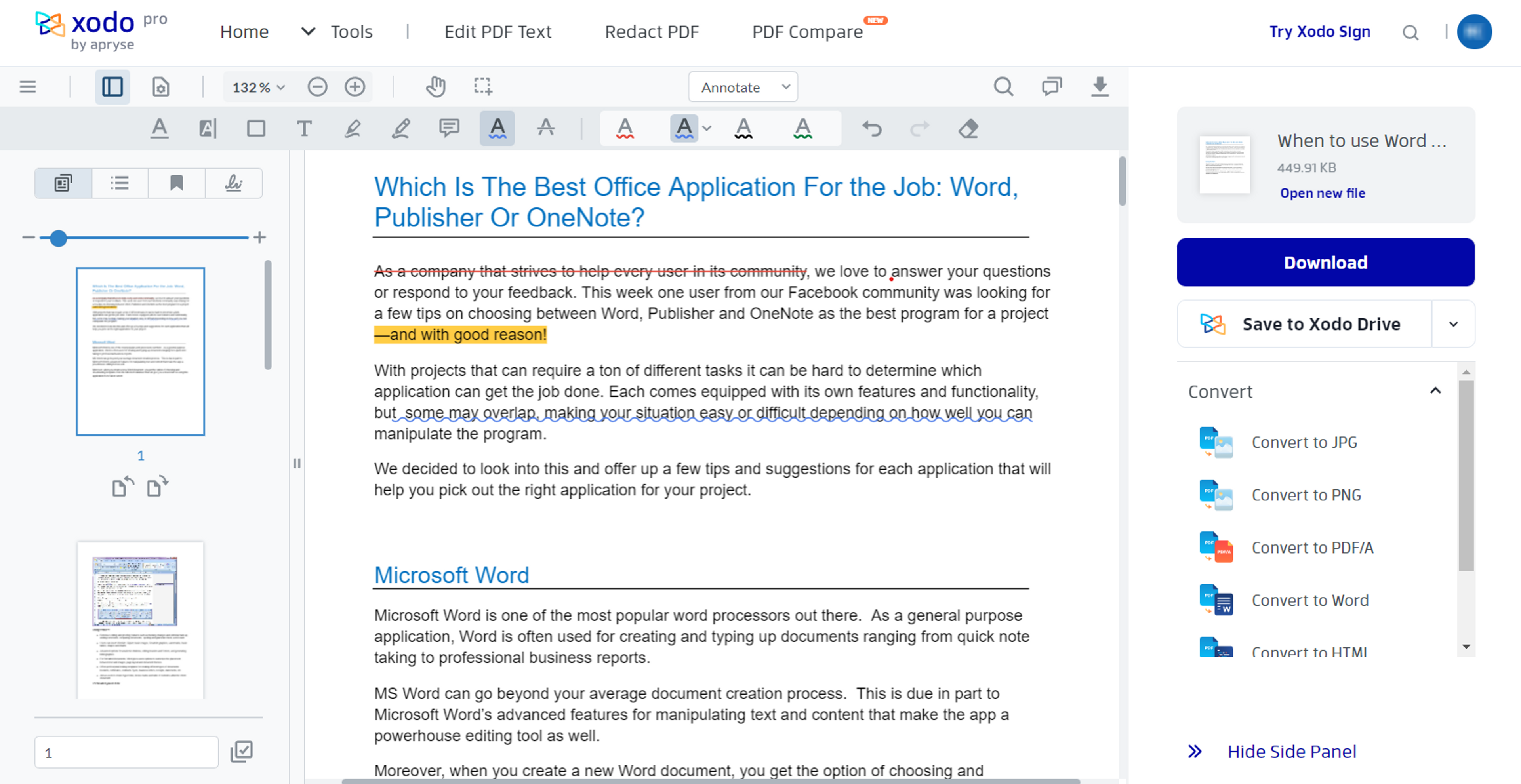 A Word document being annotated with Xodo Document Reader