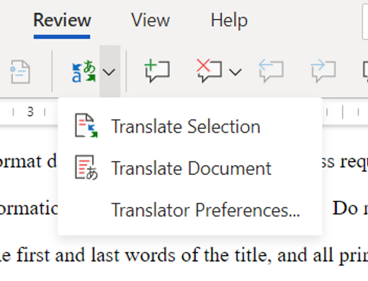 Translation options in MS Word online