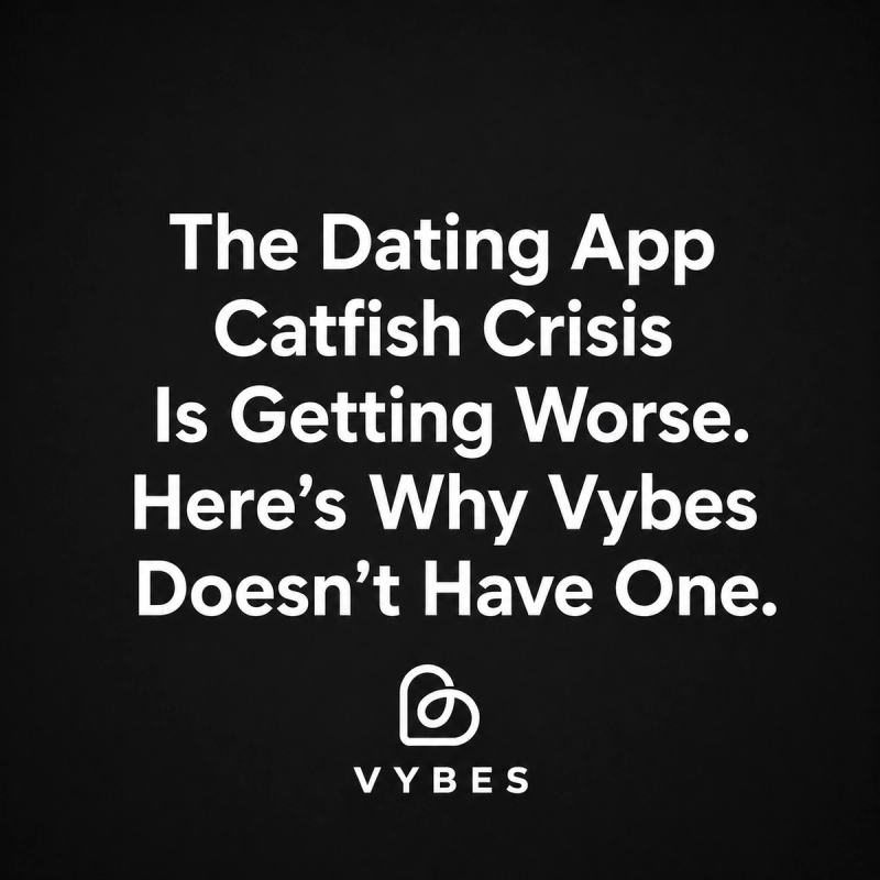 Black background with white text: The Dating App Catfish Crisis Is Getting Worse. Here's Why Vybes Doesn't Have One.