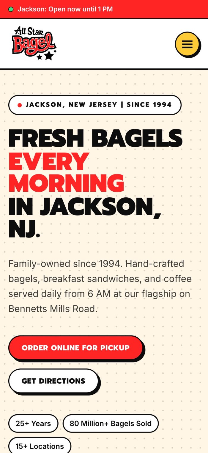 All Star Bagels mobile screen
