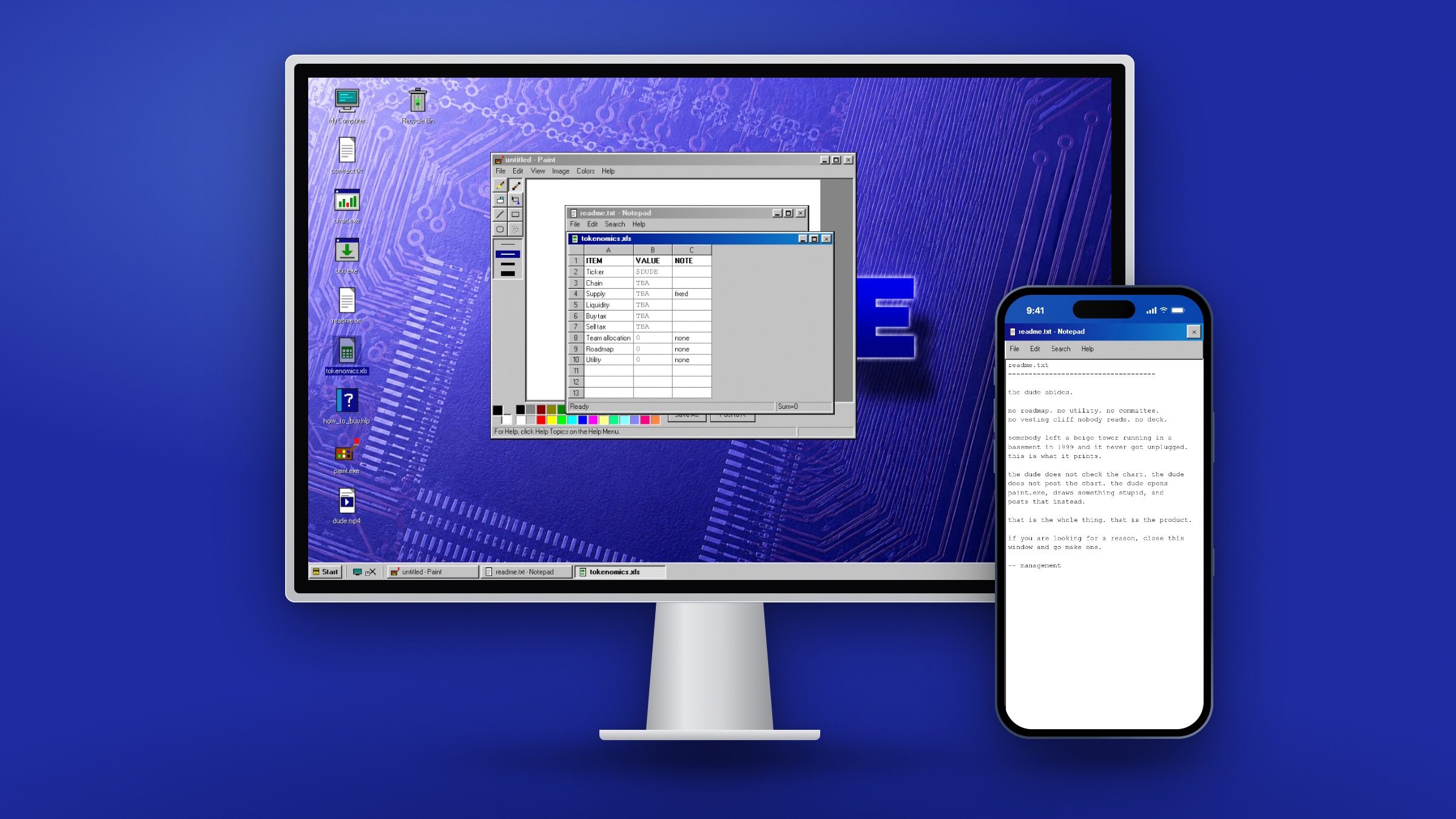 paint.exe, tokenomics.xls and readme.txt open on the desktop