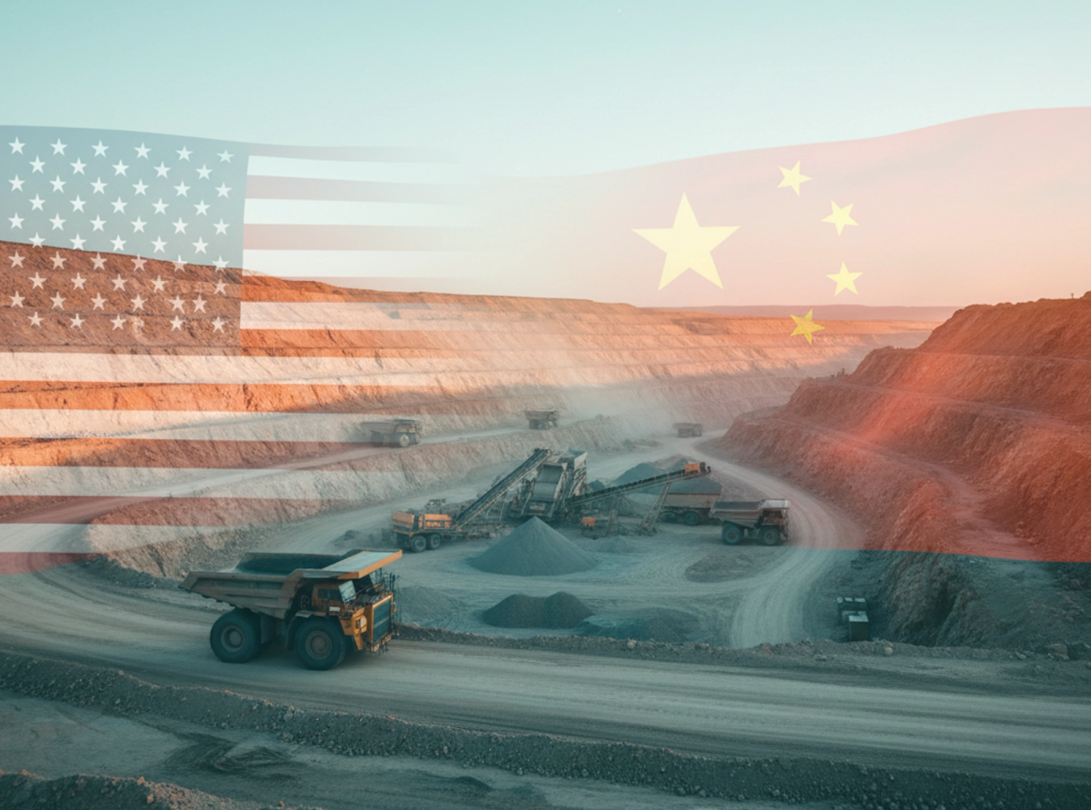 Banner Image photo showing a mine site for rare earth with US and China flags transparently overlayed
