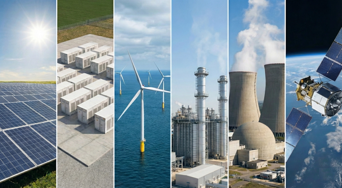 Collage of energy sources including solar panels, batteries, wind turbines, gas power plants, nuclear plants, and space