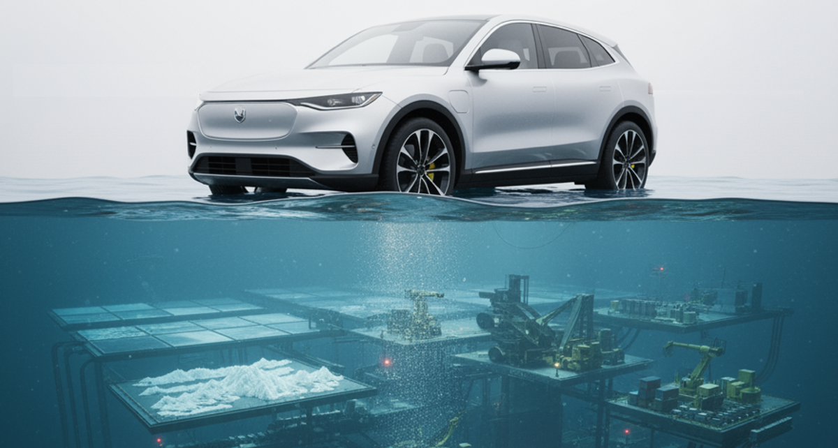 An abstract image of an electric vehicle EV in a showroom above water and complex supply chain operations below the waterline
