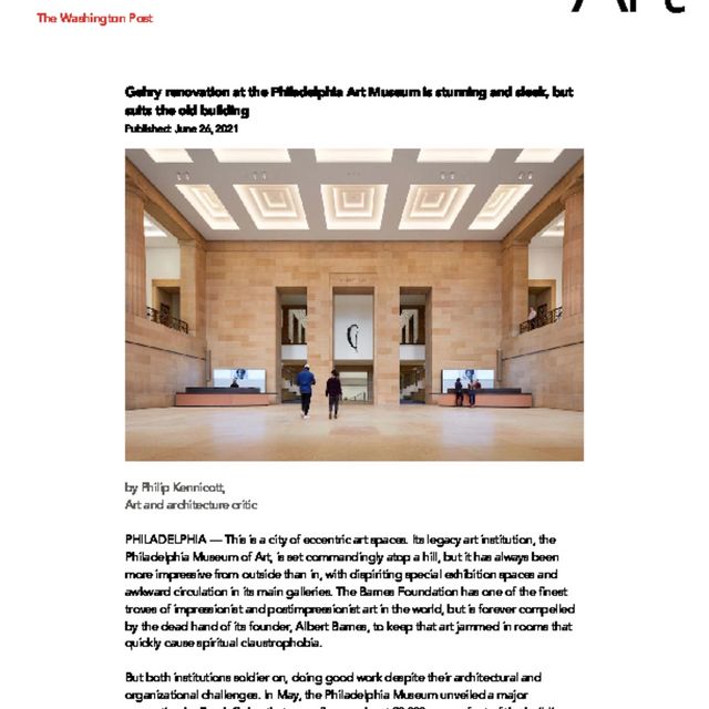 Front cover of &quot;Gehry renovation at the Philadelphia Museum of Art is stunning and sleek, but suits the old building - The Washington Post&quot;