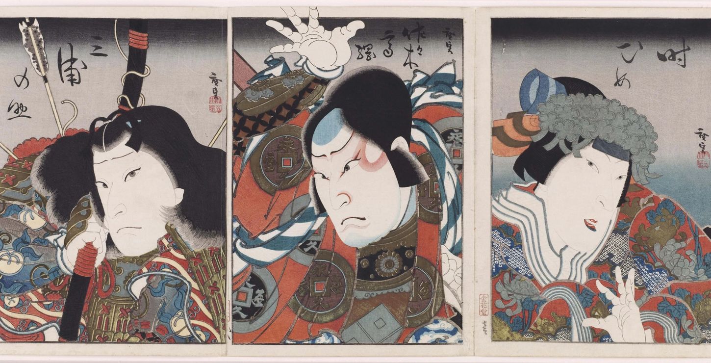 Nakamura Tomijūrō II as Toki Hime (a, right panel); Onoe Tamizō II as Sasaki Takatsuna (b, center panel); and Arashi Rikaku II as Miuranosuke (c, left panel), 1849, by Konishi Hirosada