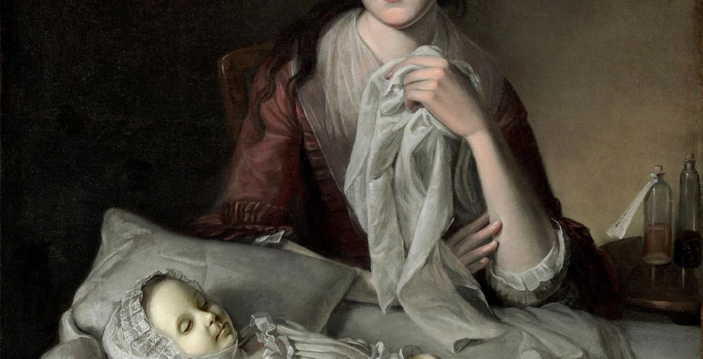 Mrs. Peale Lamenting the Death of Her Child, 1772; enlarged 1776; retouched 1818, Artist/maker: Charles Willson Peale, American, 1741 - 1827.  Portrait of Rachel Peale, American, 1744 - 1790.  Portrait of Margaret Bordley Peale, American, 1772 - 1772, 1977-34-1