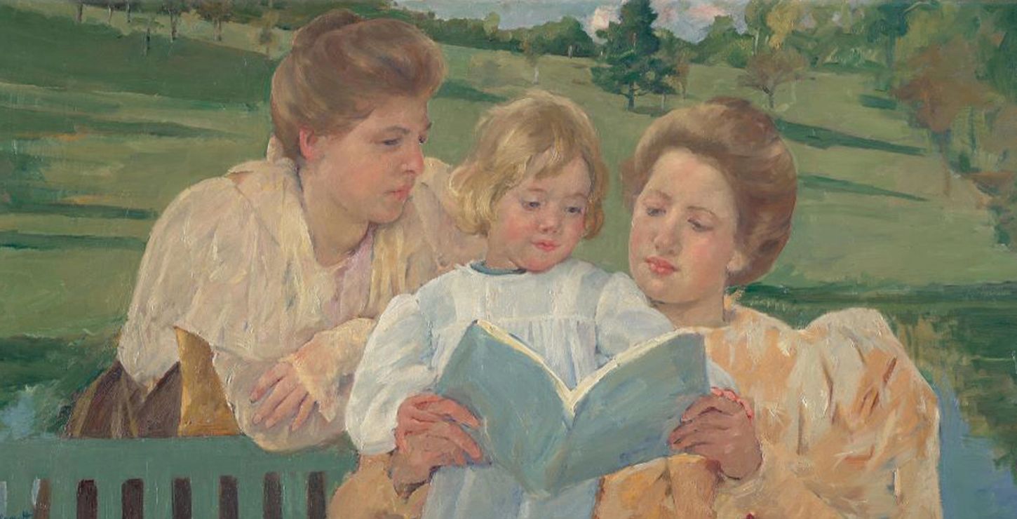 A painting of two women and a child reading a book on a park bench.