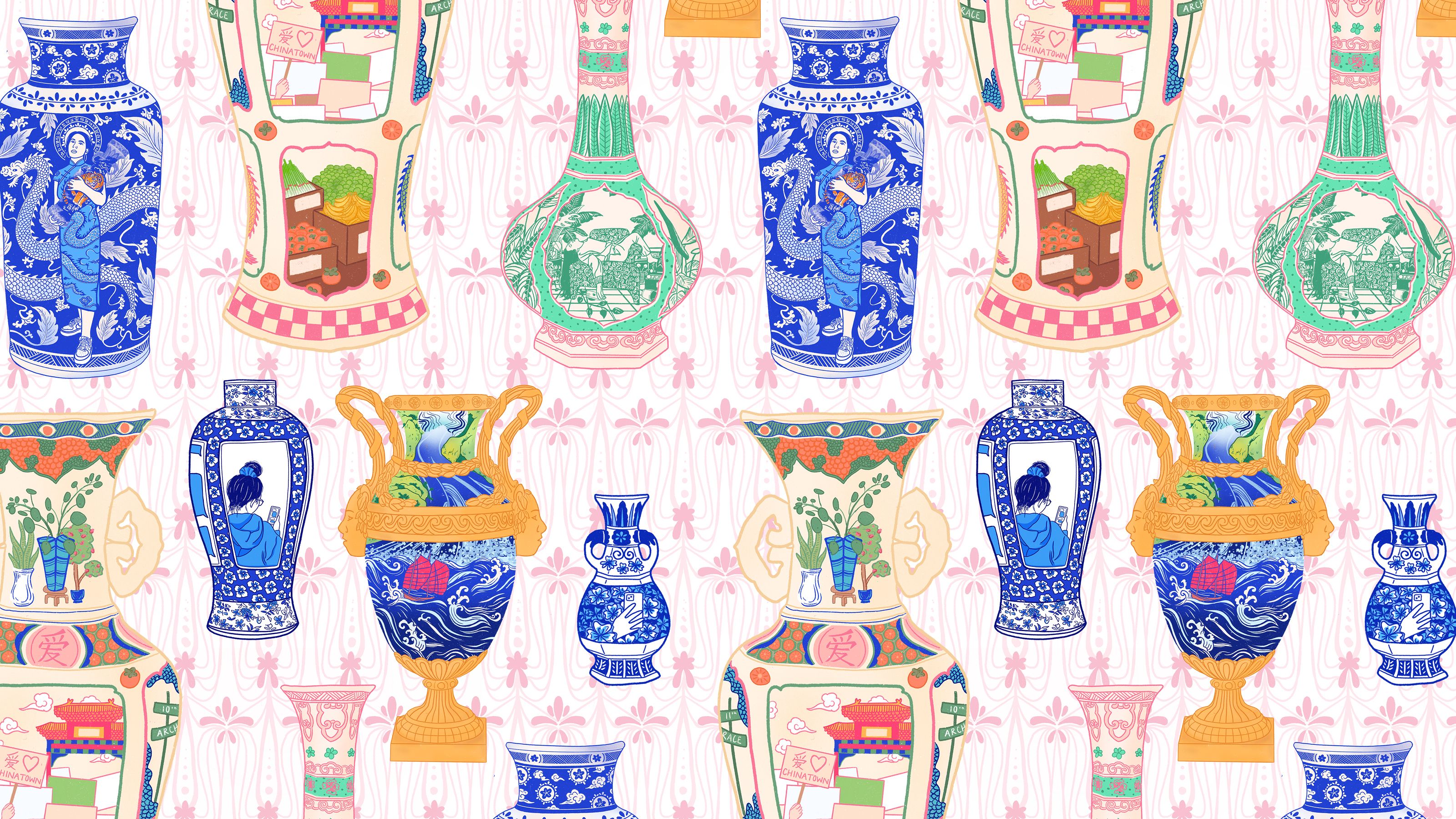 Several brightly colored vases in the style of Chinese and Japanese pottery against a pink and white background
