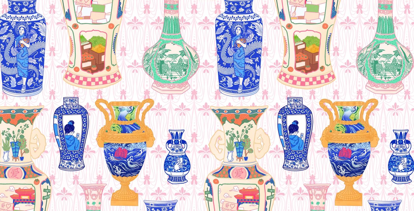 Several brightly colored vases in the style of Chinese and Japanese pottery against a pink and white background