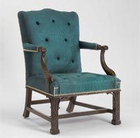 <i>Armchair</i>, 1765-1770
Possibly by Thomas Affleck, American (born Scotland), 1740 - 1795
Carving attributed to Nicholas Bernard and Martin Jugiez, American, active as partners 1762 - 1783
Mahogany, oak, modern upholstery materials
40 1/2 x 28 3/4 x 28 1/2 inches (102.9 x 73 x 72.4 cm)
Lent by the Commissioners of Fairmount Park