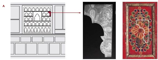 X-radiograph of a vase panel showing an underlying lotus blossom design.