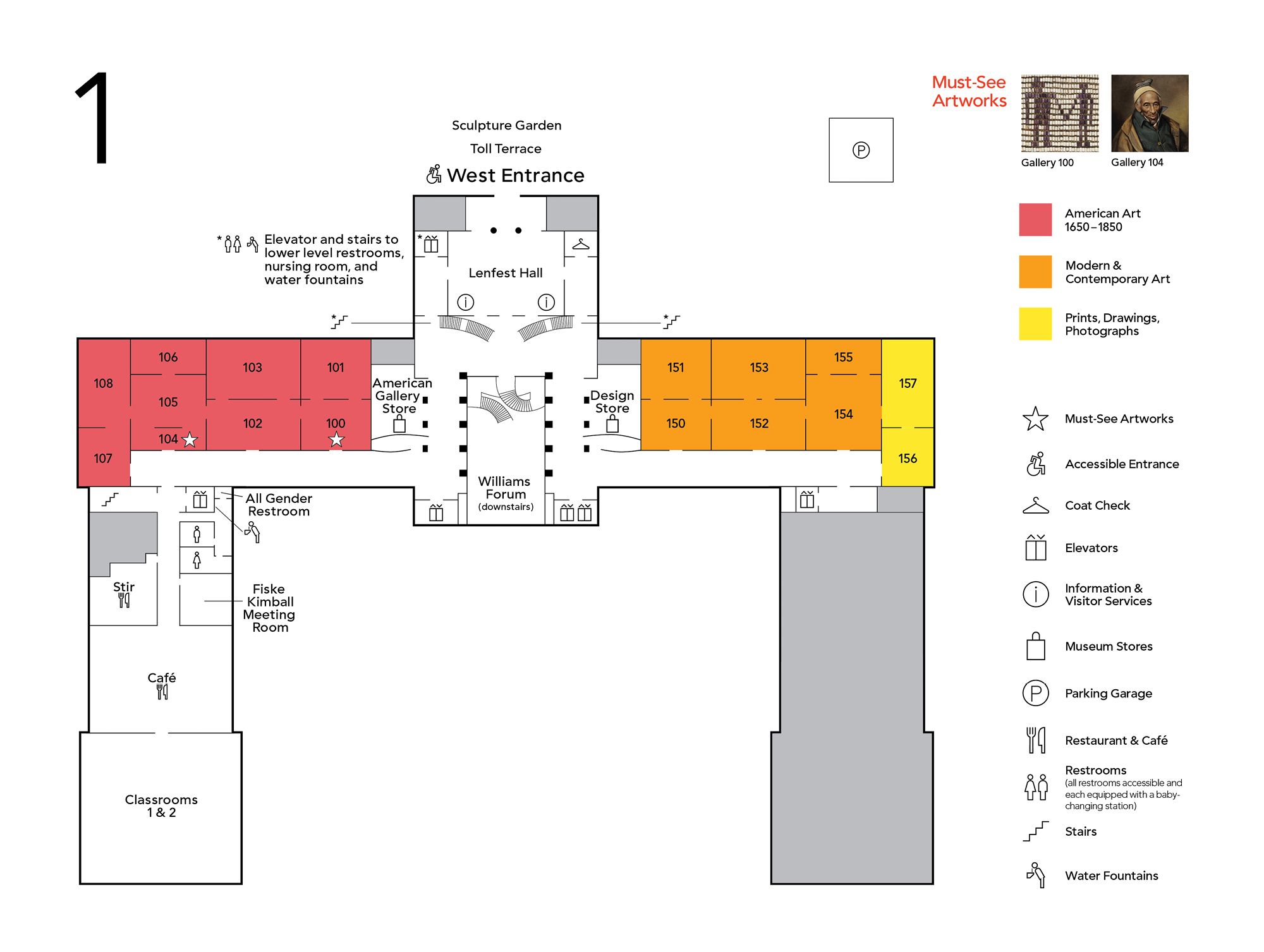 A map showing the first floor layout of the Philadelphia Museum of Art.