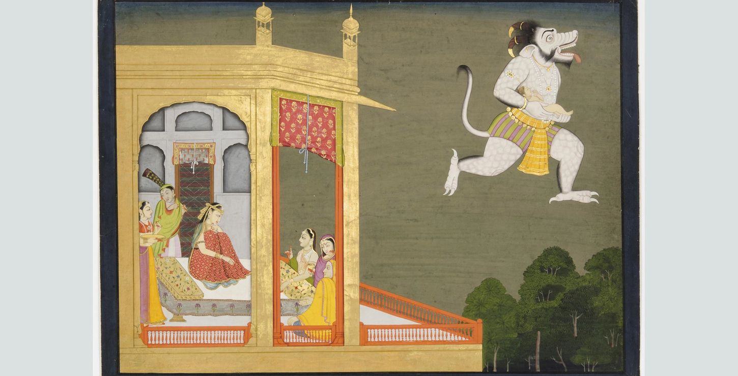 An opaque watercolor with gold and silver on a paper, depicting a demon kidnapping an infant.