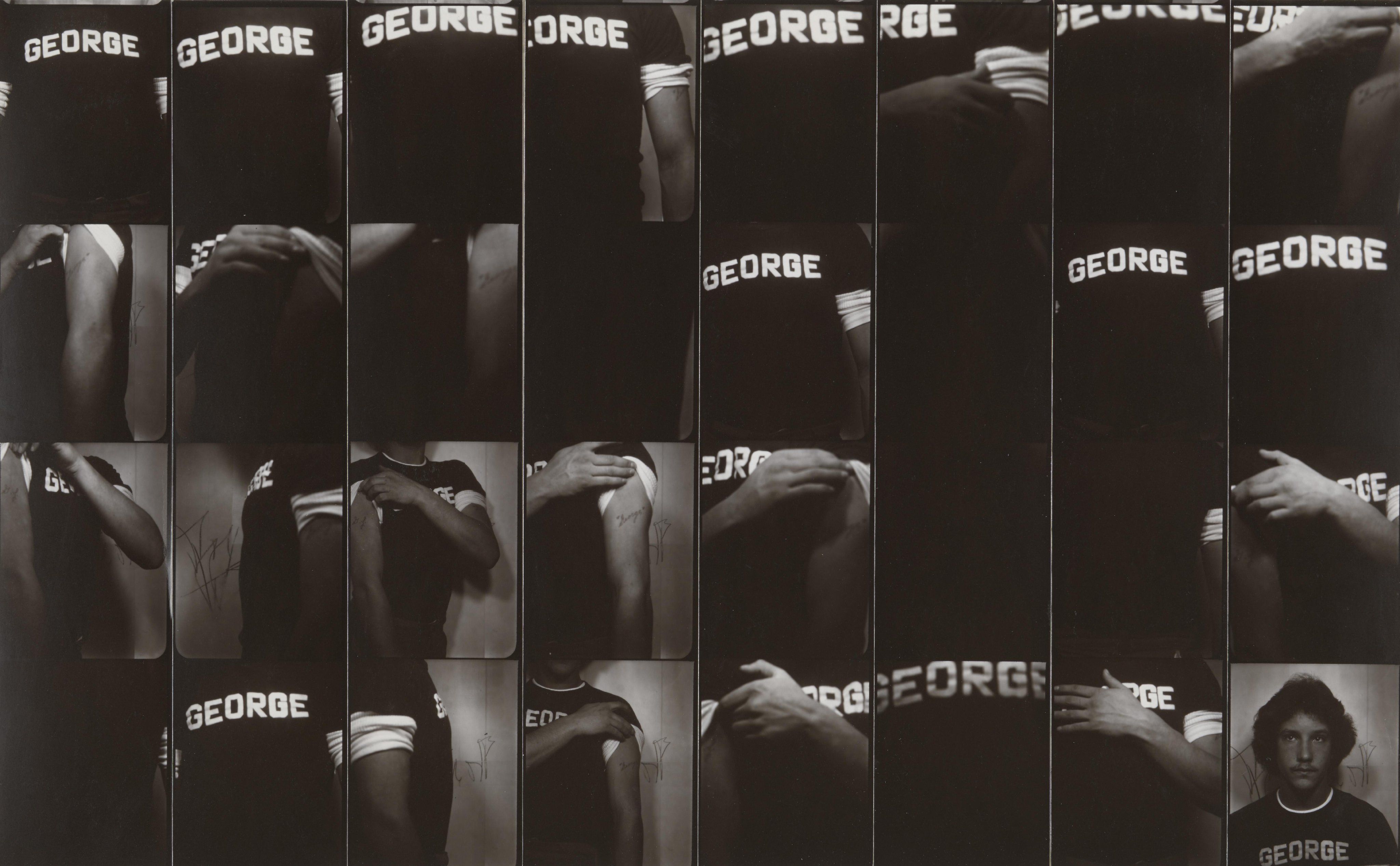 A collage of gelatin silver prints showing a man with a short that says GEORGE.