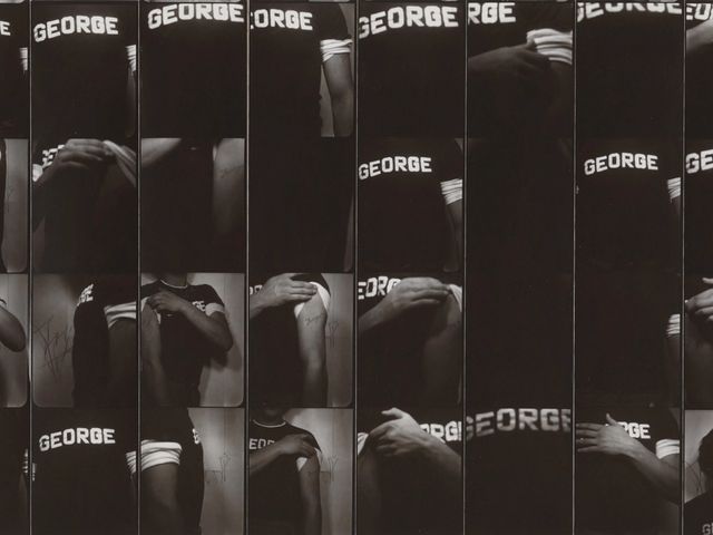 A collage of gelatin silver prints showing a man with a short that says GEORGE.