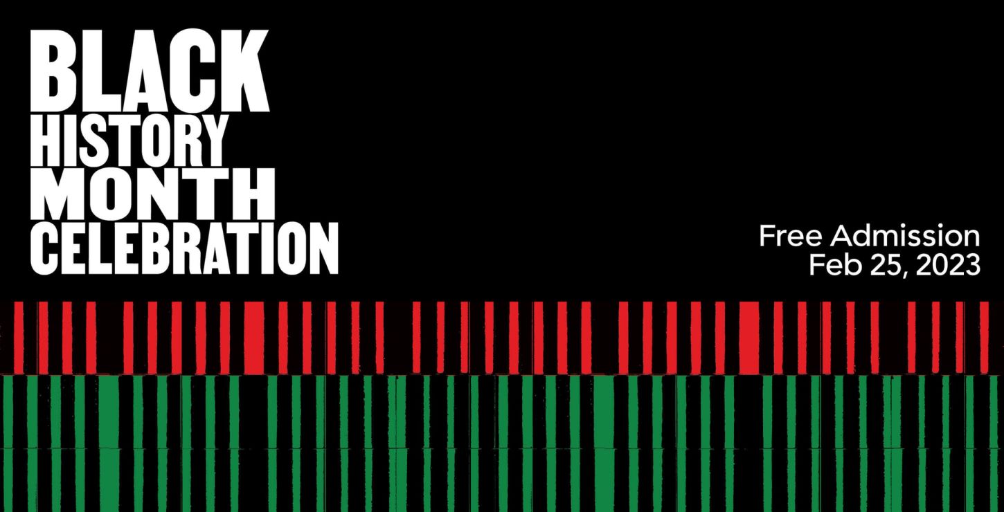White text reading "Black History Month Celebration" on a black background with red and green patterns.