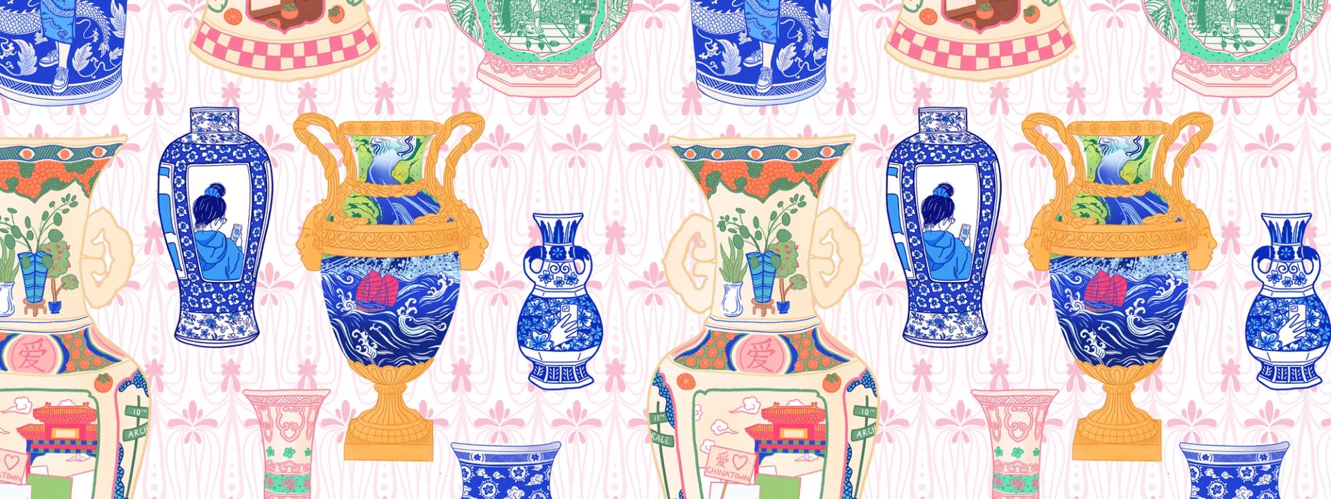 Several brightly colored vases in the style of Chinese and Japanese pottery against a pink and white background.