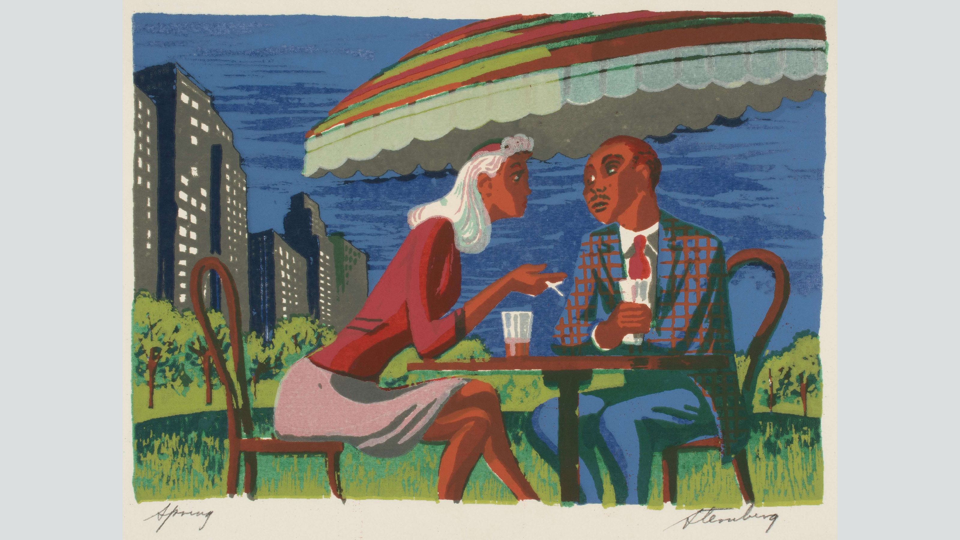 Painting of man and woman sitting at a table in a park. Woman is leaning toward man gesturing with a cigarette.