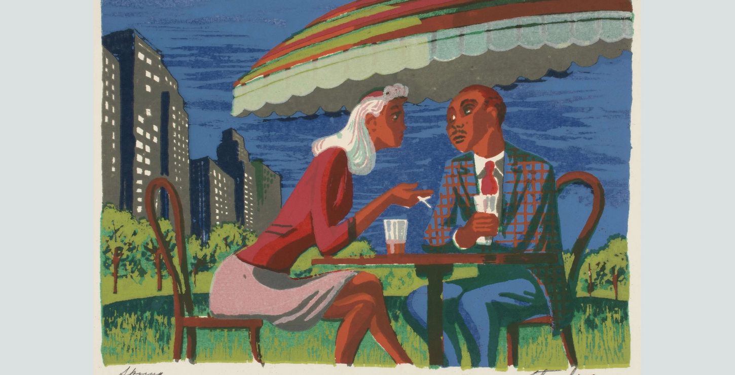 Painting of man and woman sitting at a table in a park. Woman is leaning toward man gesturing with a cigarette.