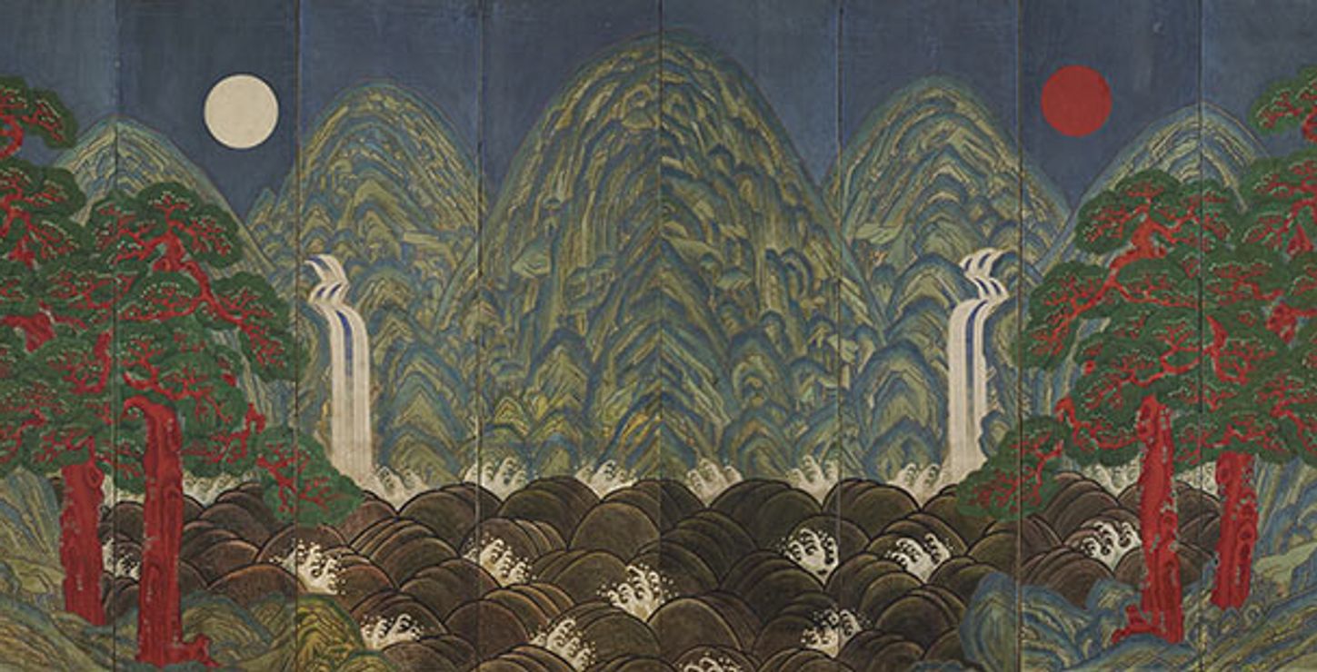 Sun, Moon, and Five Peaks
19th century
Korea
Eight-fold screen; colors on paper
Overall 82 11/16 x 217 7/16 inches (210 x 552.3 cm)
Private Collection