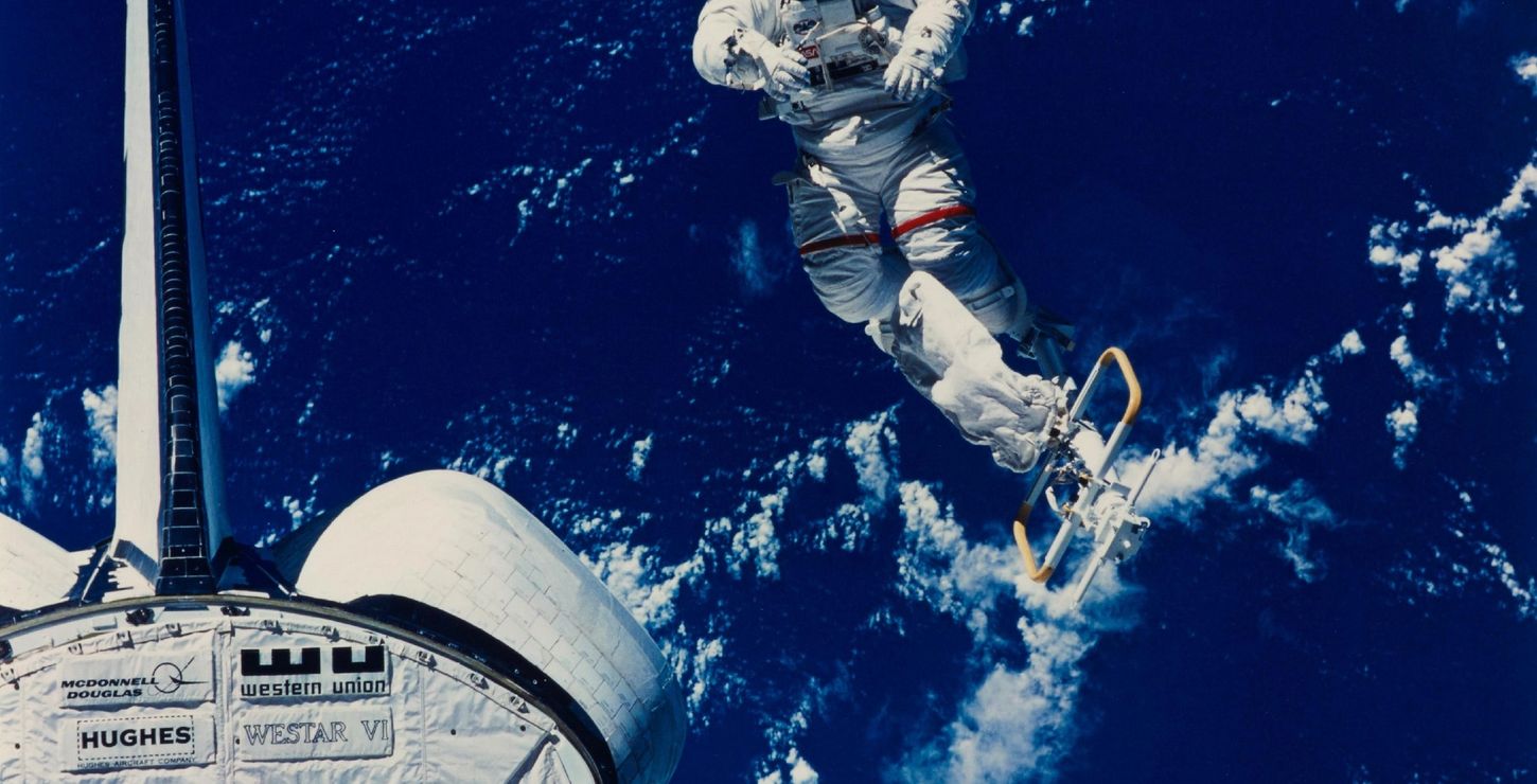 Mission Specialist Bruce McCandless II Making the First Untethered Space Walk With Manned Maneuvering Unit (MMU), Mission 41-B, 1985 (print), NASA (National Aeronautics and Space Administration), established 1958.  Printed by 801 Editions, American, 1986-46-2