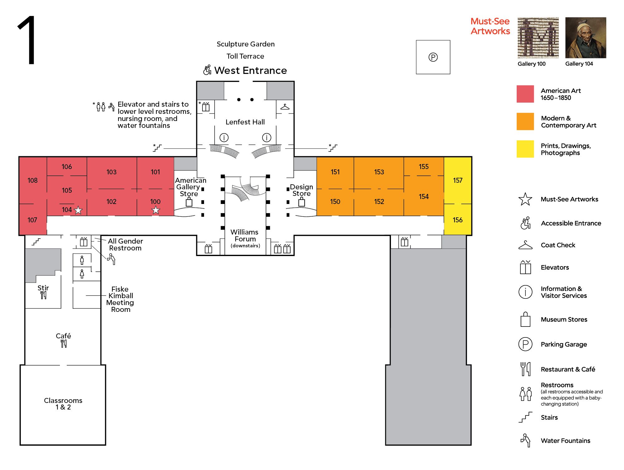 A map showing the first floor layout of the Philadelphia Museum of Art.