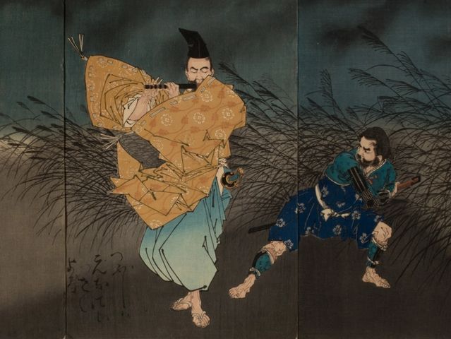 The Heian Poet Yasumasa Playing the Flute by Moonlight, Subduing the Bandit Yasusuke with His Music, 1883, by Tsukioka Yoshitoshi