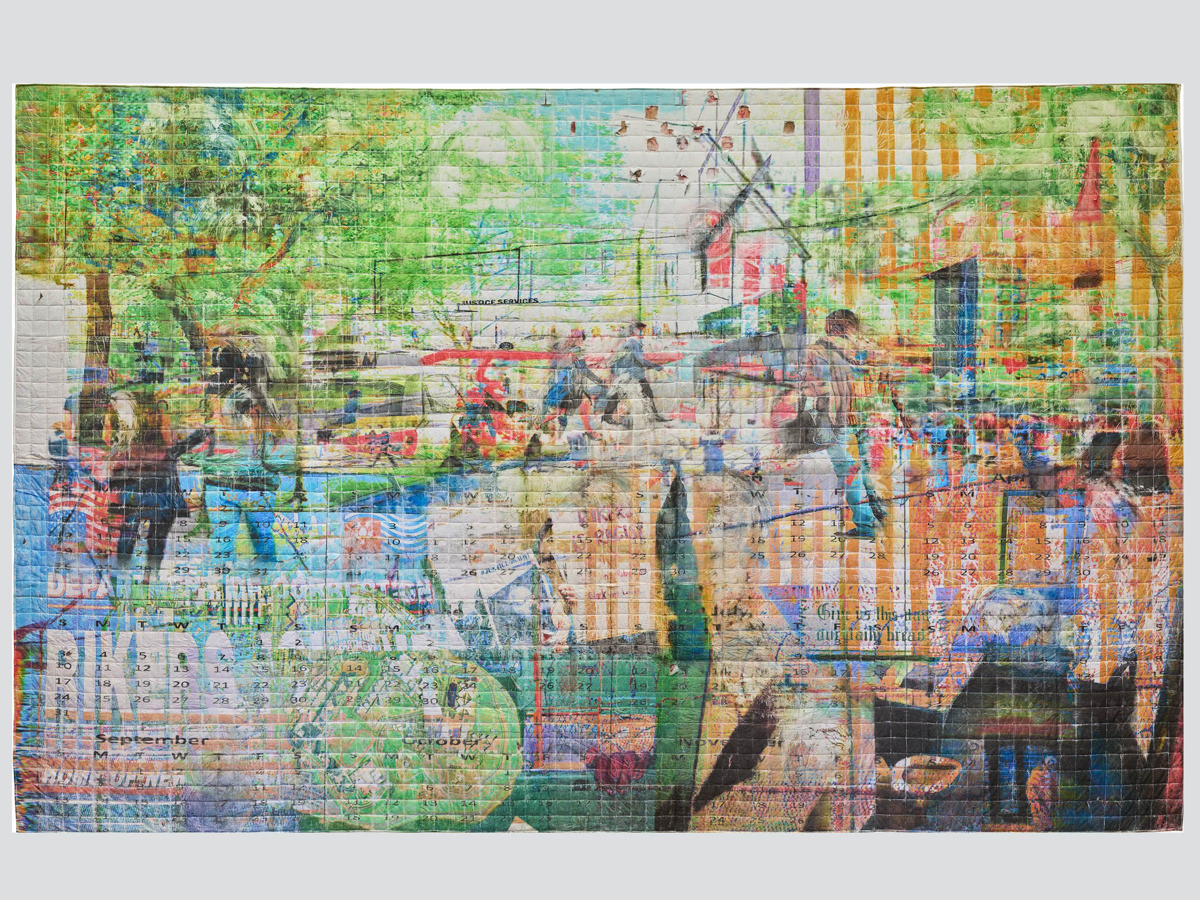 Mixed media collage of hand-sewn prison bedsheets, image transfers, and fabric paint.