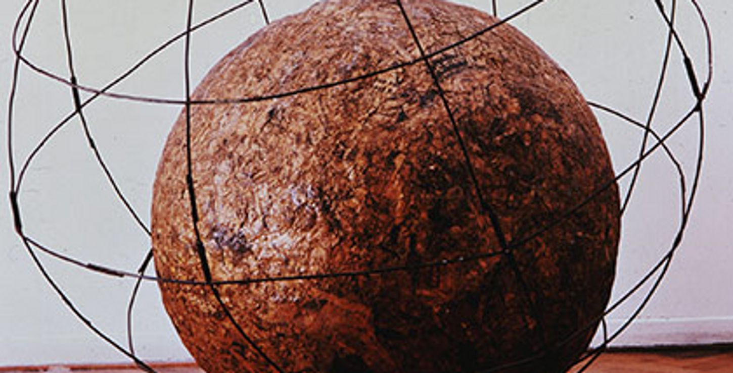Mappamondo (Globe), 1966–68. Michelangelo Pistoletto, Italian, born 1933. Newspaper and wire. Wire ball, diameter c. 71 inches (c. 180 cm); newspaper ball, diameter 39 3/8 inches (100 cm). (Collection of Lia Rumma) &copy;  Michelangelo Pistoletto)