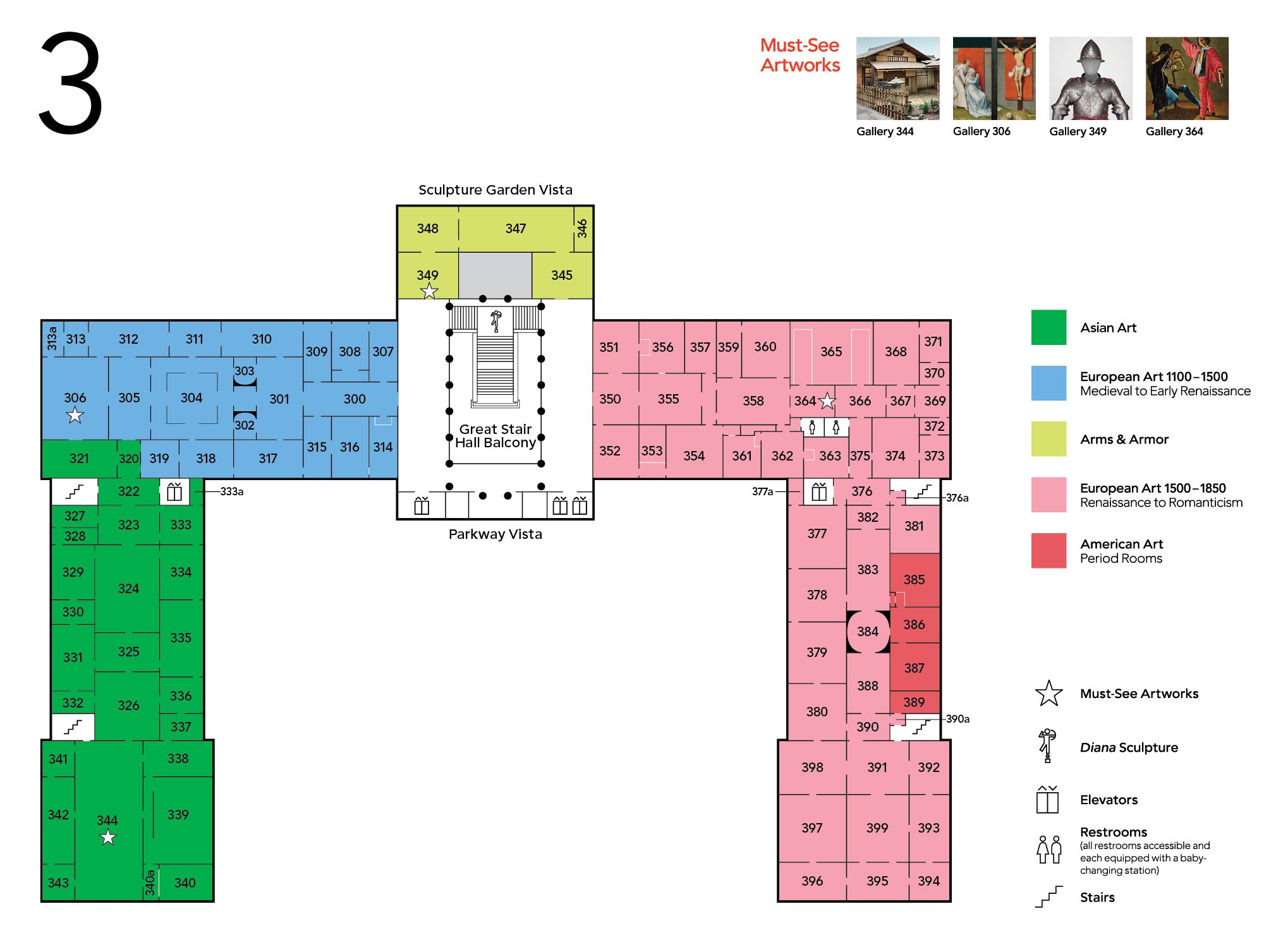 A map showing the third floor layout of the Philadelphia Museum of Art.