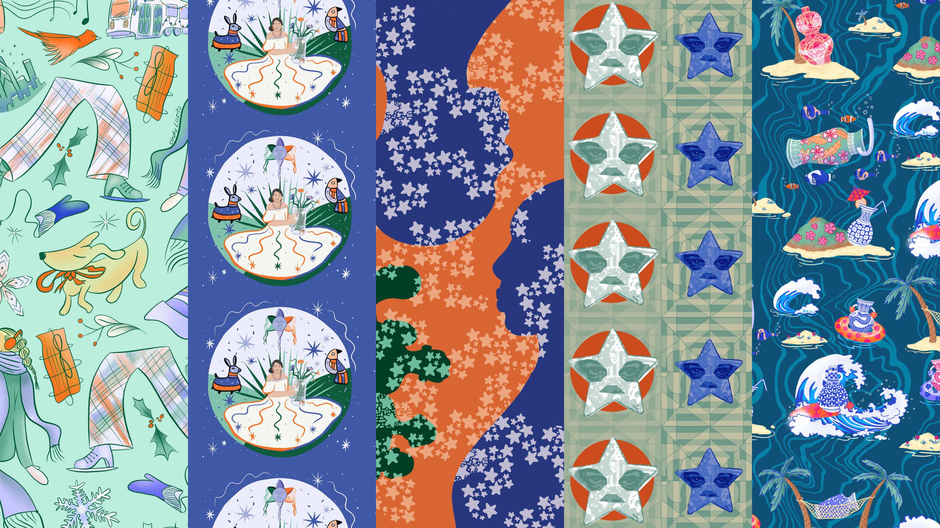 A composite image of five different colorful illustrations in blues, greens and oranges.