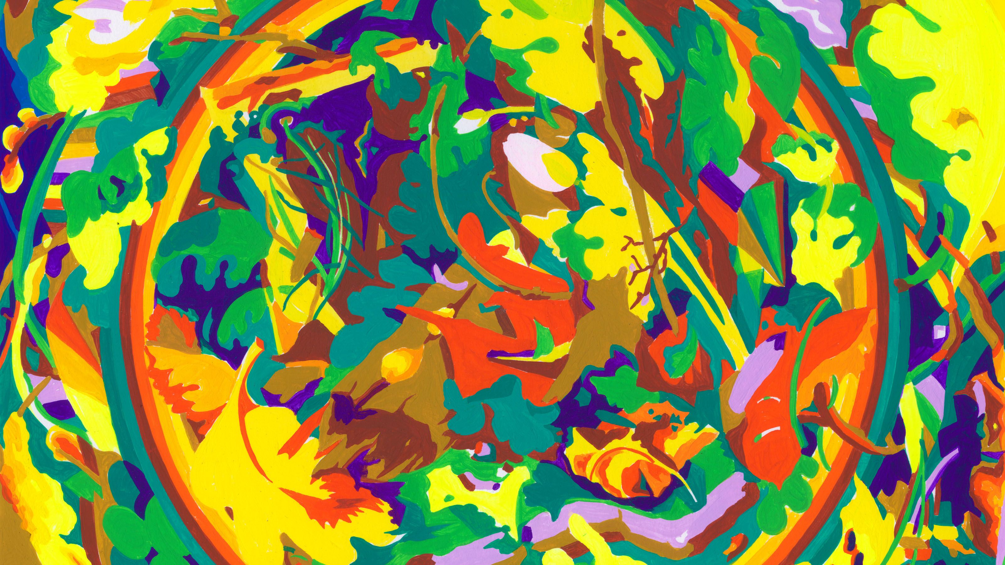 Abstract design of natural forms in yellow, green, orange, red, purple, blue, and white gouache on paper.