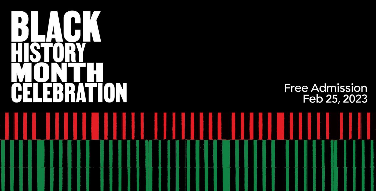 White text reading &quot;Black History Month Celebration&quot; on a black background with red and green patterns.