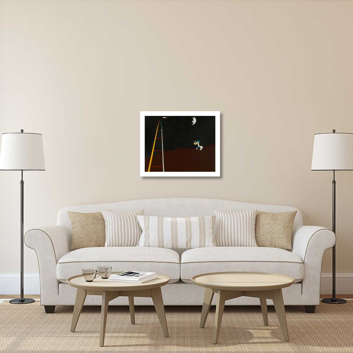 A framed, colorful print hanging on the wall of a decorative interior room.