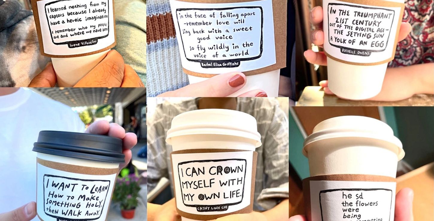 Collage of poems written on coffee cup sleeves