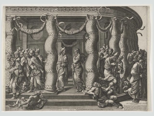 A print depicting the Biblical scene of Jesus and the adulterous woman outside the temple.