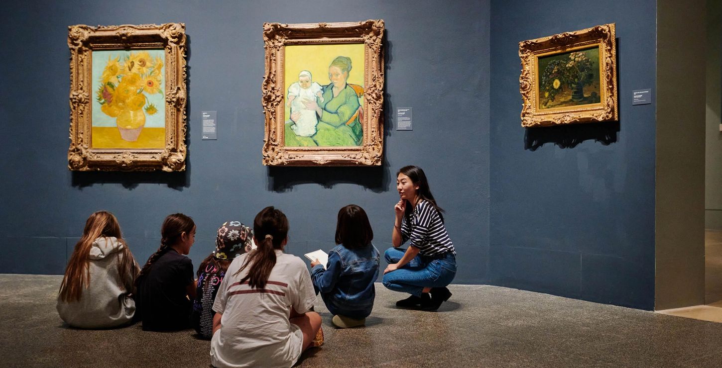 Adult and children sitting on the floor viewing Van Gogh paintings.