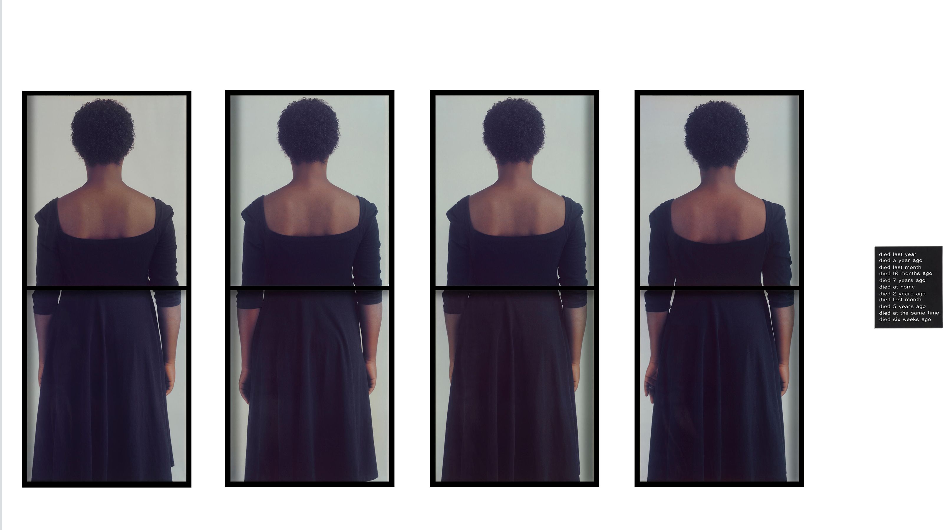 Eight dye diffusion prints, engraved plastic plaques showing four panels of a Black woman's back in black dress.