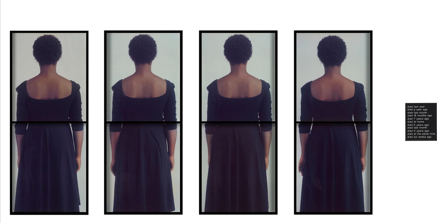 Eight dye diffusion prints, engraved plastic plaques showing four panels of a Black woman's back in black dress.