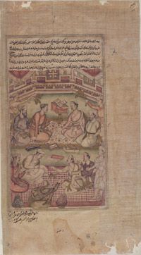 <i>Hindu and Muslim Scholars Translate the</i> Mahabharata <i>from Sanskrit into Persian</i>
From a dispersed <i>Razmnama</i> (Book of War)
Ascribed to Dhanu, Indian
Northern India, Mughal Court
Manuscript dated by internal colophon to 1598–99
Opaque watercolor, ink, and gold on paper
The Free Library of Philadelphia, Rare Book Department, John Frederick Lewis Collection.