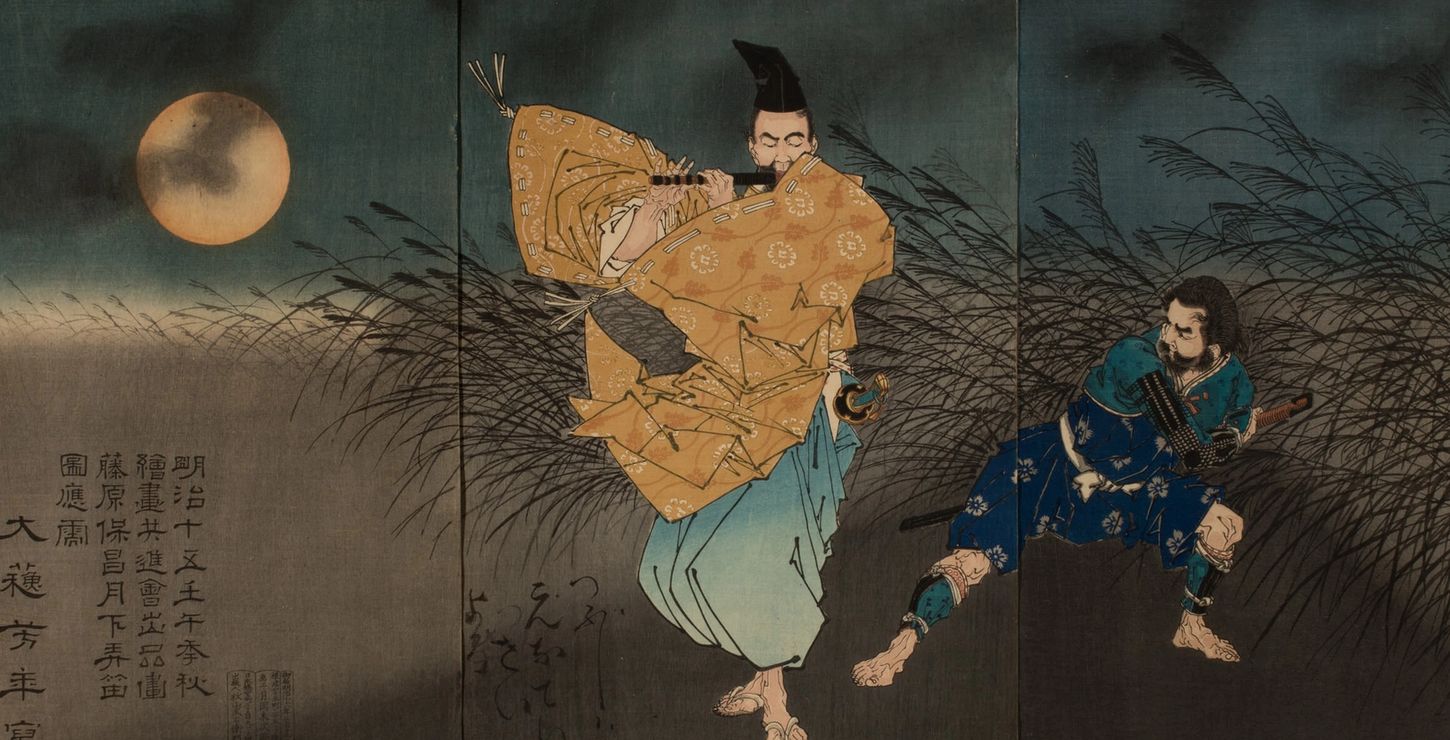 <i>The Heian Poet Yasumasa Playing the Flute by Moonlight, Subduing the Bandit Yasusuke with His Music</i> (detail), 1883, by Tsukioka Yoshitoshi (Japanese, 1839–92), 1989-47-332a--c